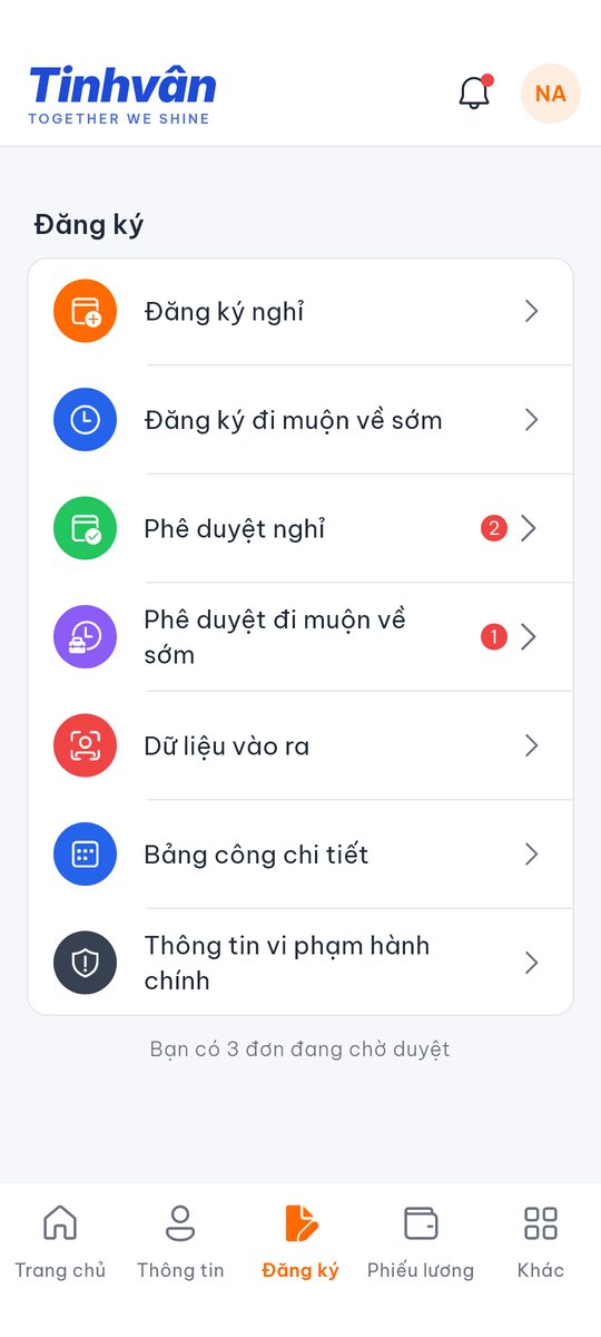 Màn hình đăng ký đơn